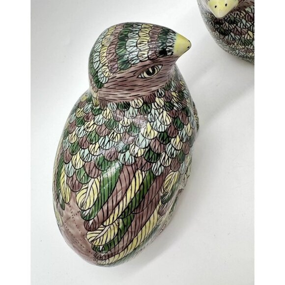 Mirrored Pair Chinese Famille Verte Porcelain Quail Box Tureen Figures Glazed - Picture 5 of 9